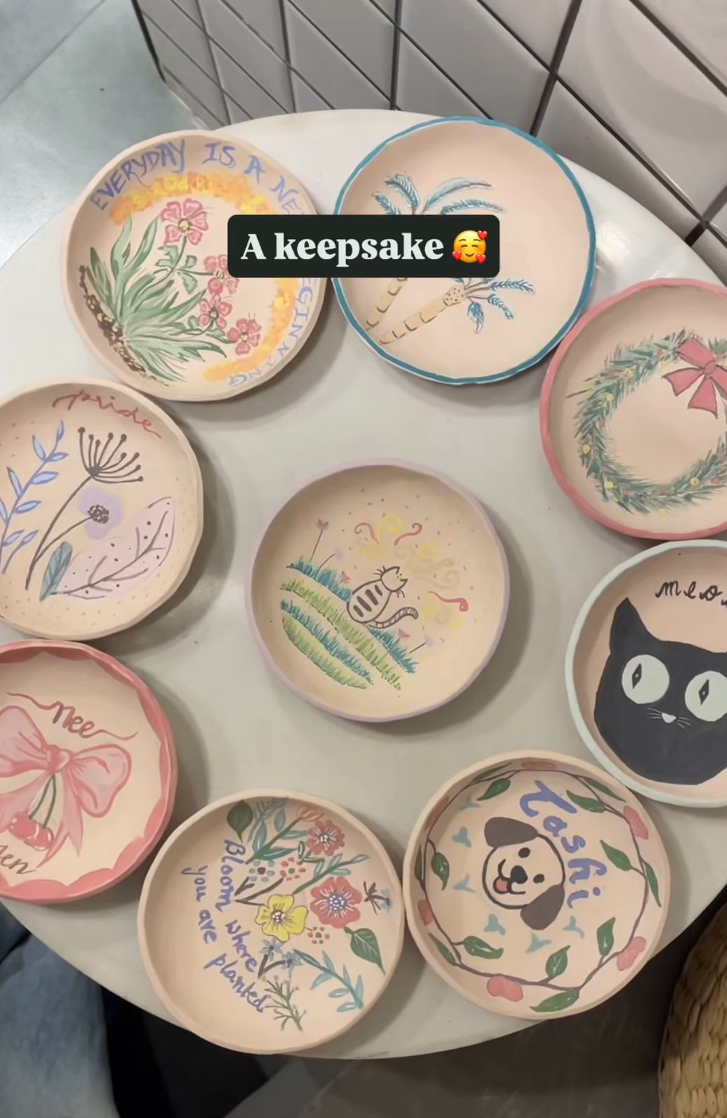 Finished hand-painted ceramic dishes from the mridaceramiq workshop